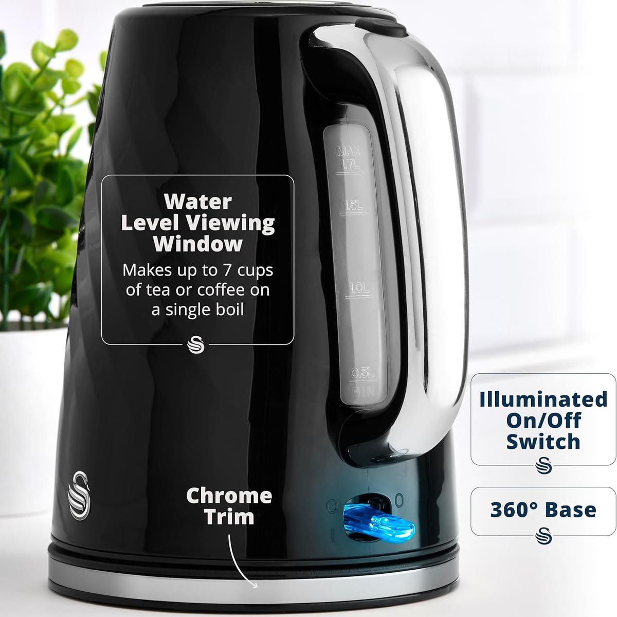 Swan Windsor Rapid Boil Electric Jug Kettle 3000W 1.7 Litres - Black
