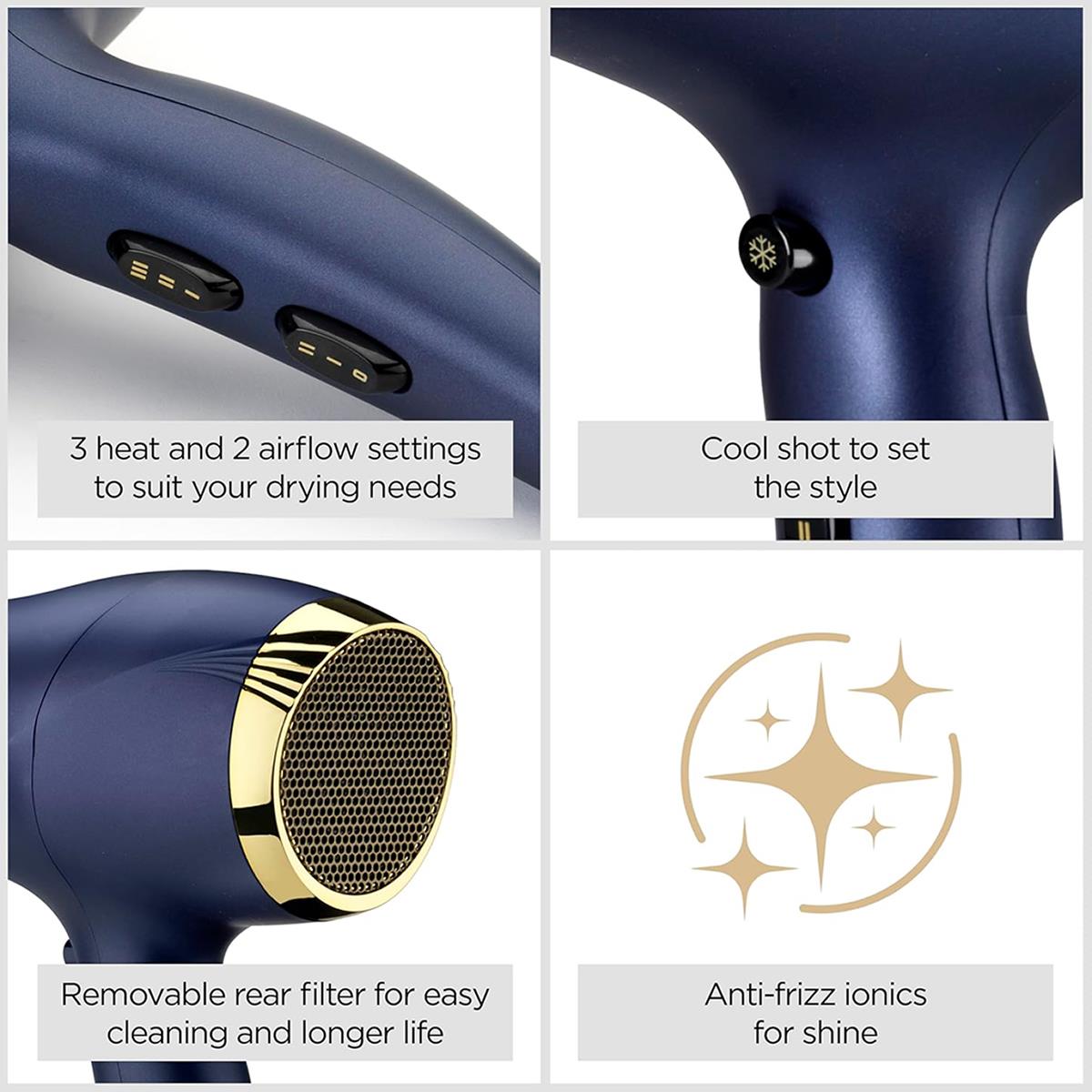 BaByliss Midnight Luxe Hair Dryer 2300W 3 Heat And 2 Speed Settings - Blue