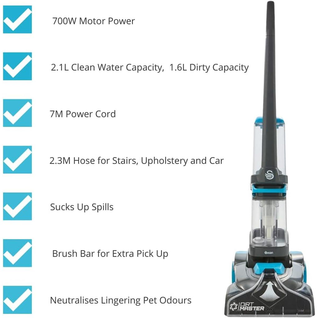 Swan Dirtmaster Pro Carpet Cleaner Pet Washers 700W 2.1 Litres Clean & 1.6 Litres Dirty Capacity - Black/Blue
