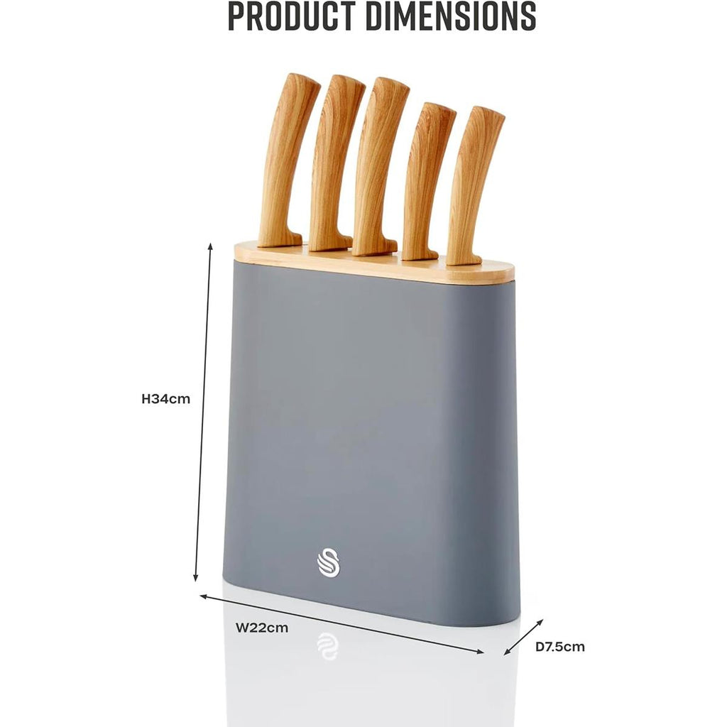Swan Nordic 5 Piece Knife Block Soft Touch Wooden Effect With Bamboo Top - Slate Grey