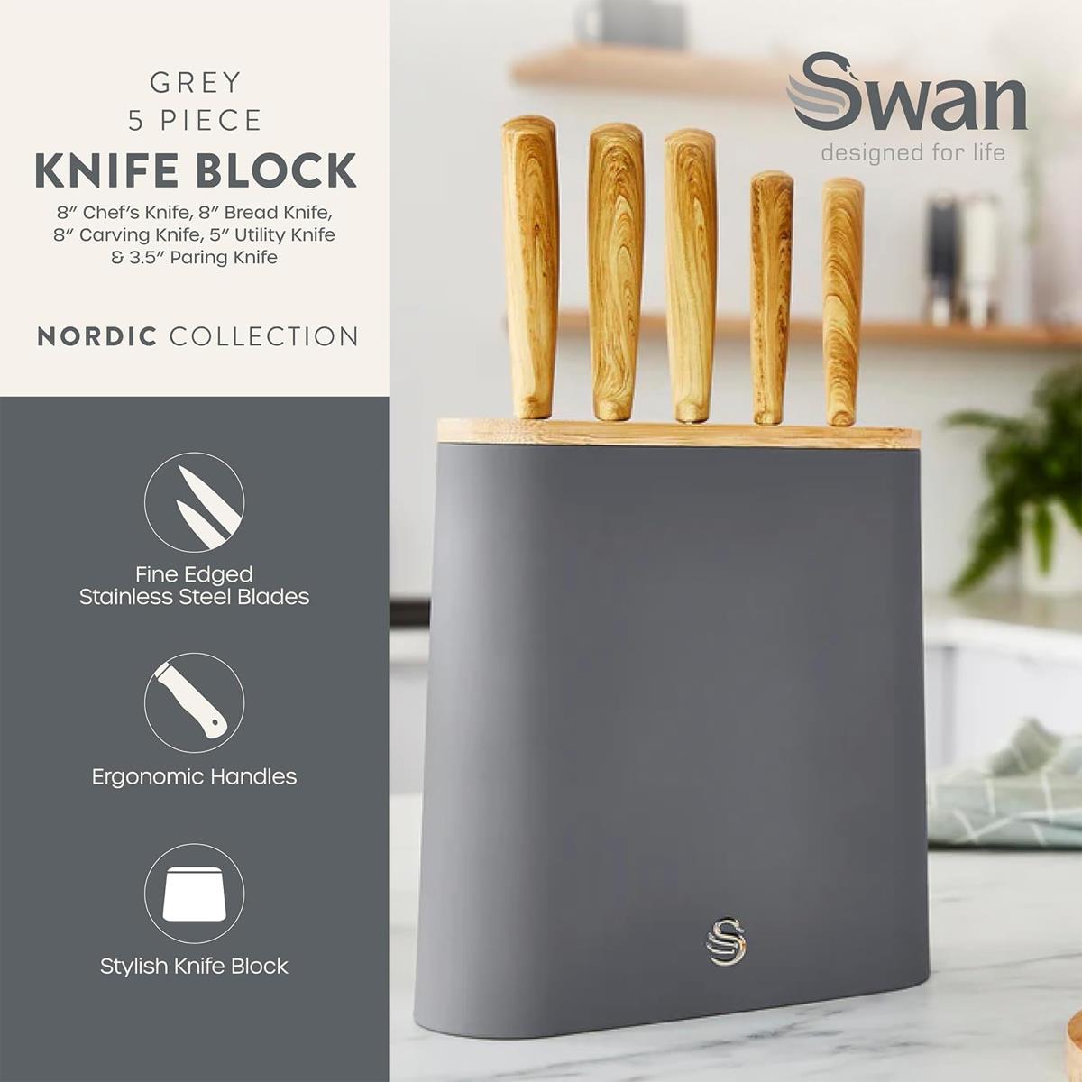 Swan Nordic 5 Piece Knife Block Soft Touch Wooden Effect With Bamboo Top - Slate Grey