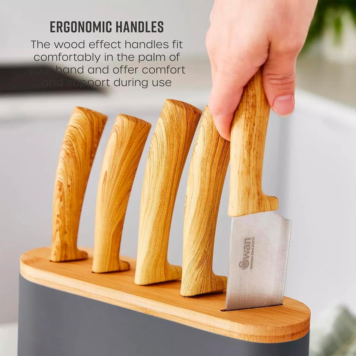 Swan Nordic 5 Piece Knife Block Soft Touch Wooden Effect With Bamboo Top - Slate Grey
