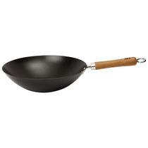 School of Wok 12 Inch/30cm Pre Seasoned Carbon Steel Flat Bottom Wok With Bamboo Handle - Black