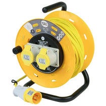 SLx Extension Lead Industrial 25m Open Drum Cable Reels 2 Socket 16A Fused 110V - Yellow