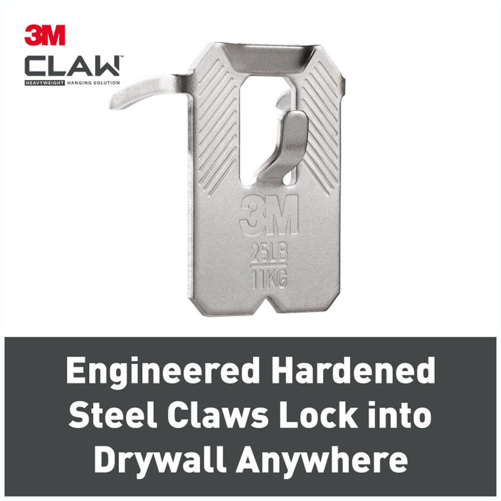 3M CLAW Drywall Plasterboard Picture Hanger Wall Hooks Heavy Duty Alloy Steel Mirror Frame Hanging Solution Silver 11kg Capacity 2 Pack