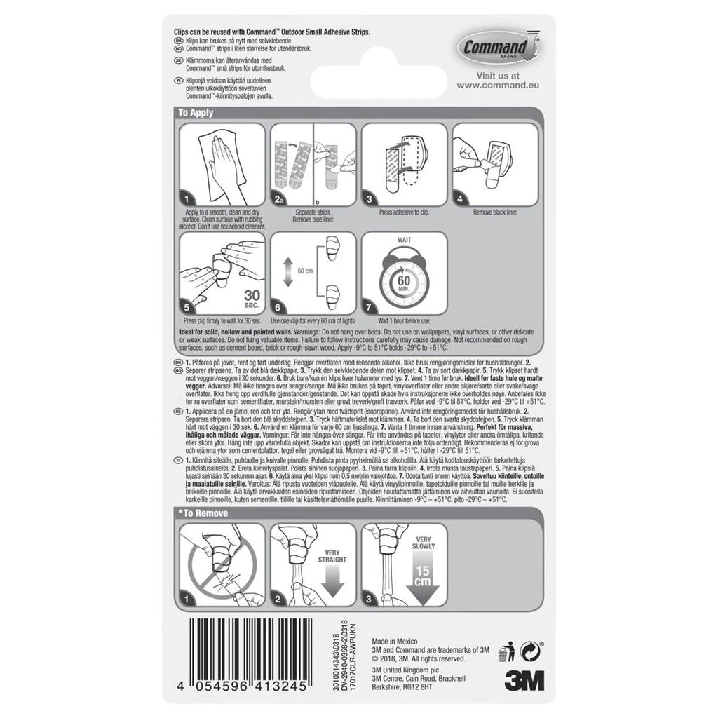 3M Command Outdoor Clips 16 Mini Hooks with 20 Strips Clear Transparent Damage-Free Hanging Fairy Lights