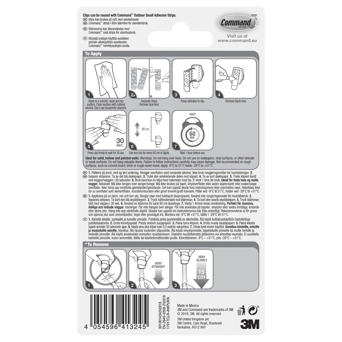 3M Command Outdoor Clips 16 Mini Hooks with 20 Strips Clear Transparent Damage-Free Hanging Fairy Lights
