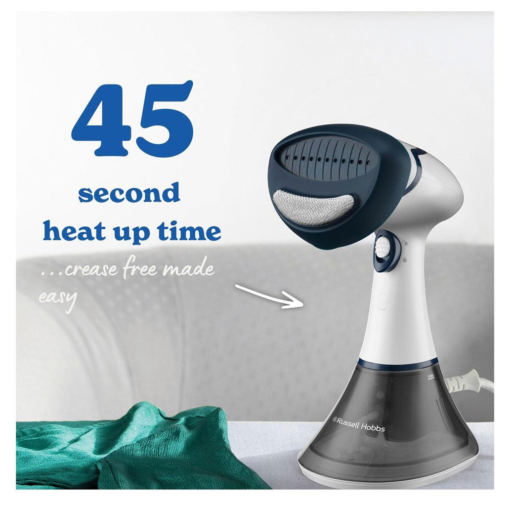 Russell Hobbs Steam Genie Essential 1600W Handheld Clothes Steamer 200ml Detachable Water Tank Fast 45s Heat-Up, 20g Steam Output White