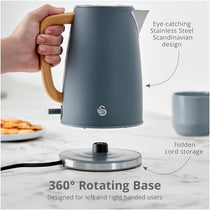 Swan Fjord 1.7L Electric Jug Kettle with Fast Boil Technology & Wood Effect Handle Grey
