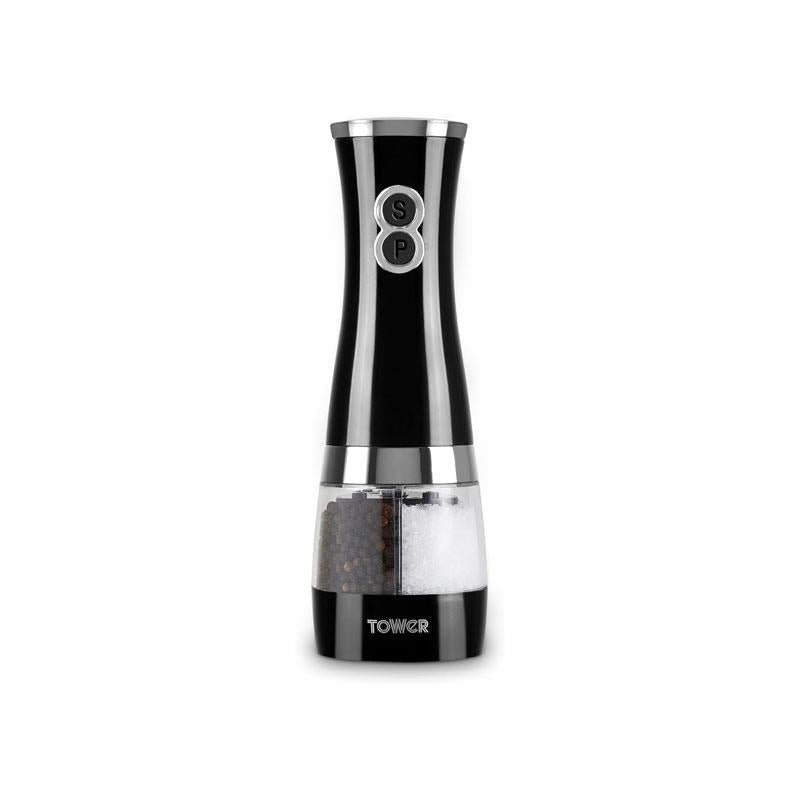 Tower Duo Electric Salt And Pepper Mills Battery Operated Adjustable Ceramic Grinders Black/Chrome