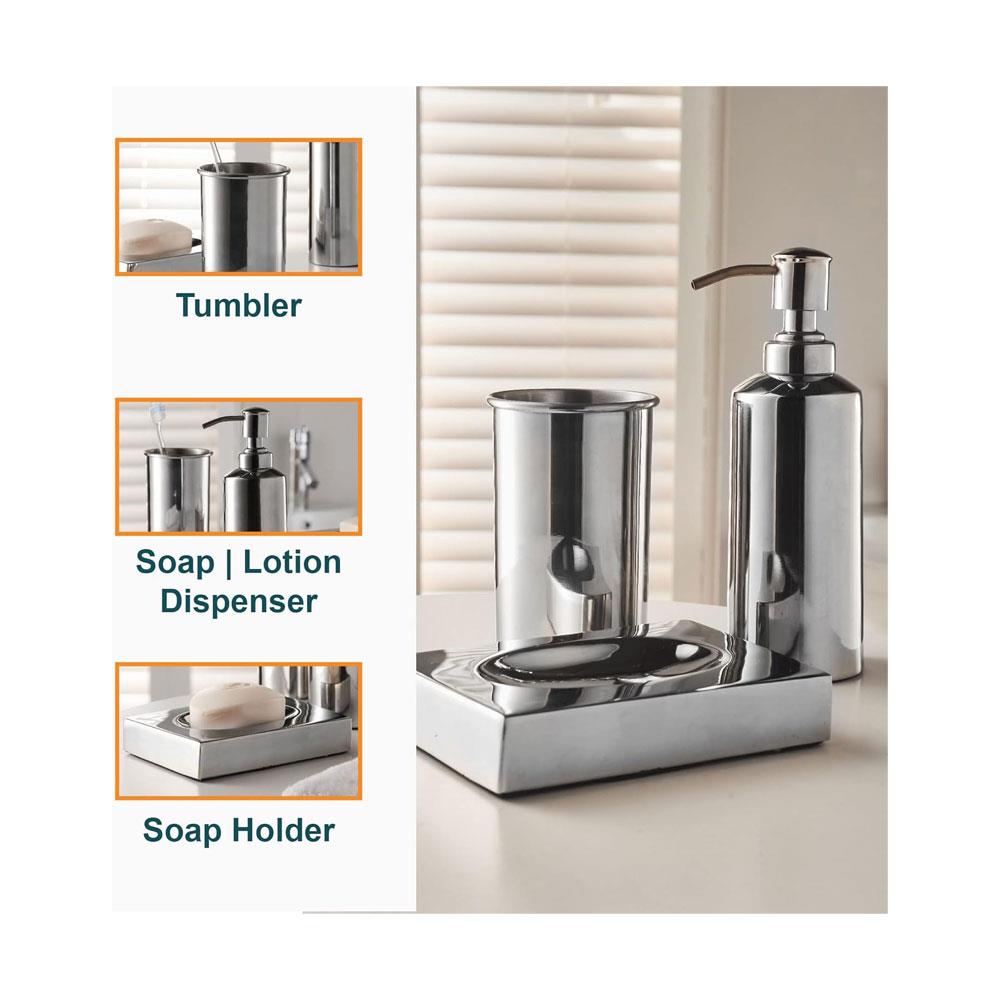 OurHouse Bathroom Caddy 3 Piece Set Accessories Toothbrush Holder Handwash Lotion Soap Dispenser & Soap Dish - Chrome