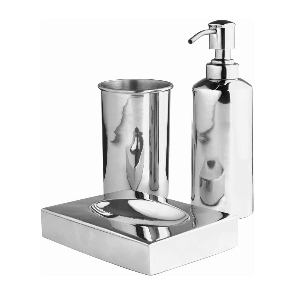 OurHouse Bathroom Caddy 3 Piece Set Accessories Toothbrush Holder Handwash Lotion Soap Dispenser & Soap Dish - Chrome