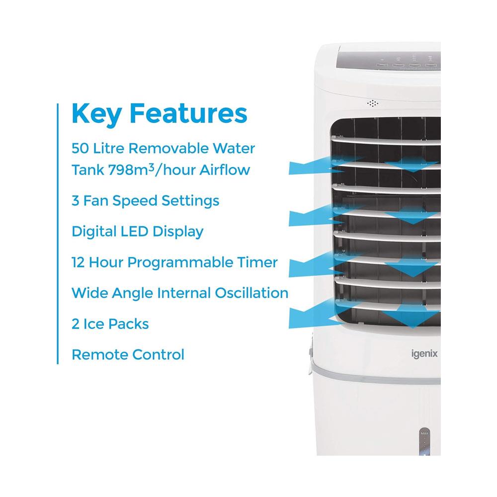 Igenix 50L Evaporative Air Cooler – 3-Speed Fan, Remote Control, 200W – White