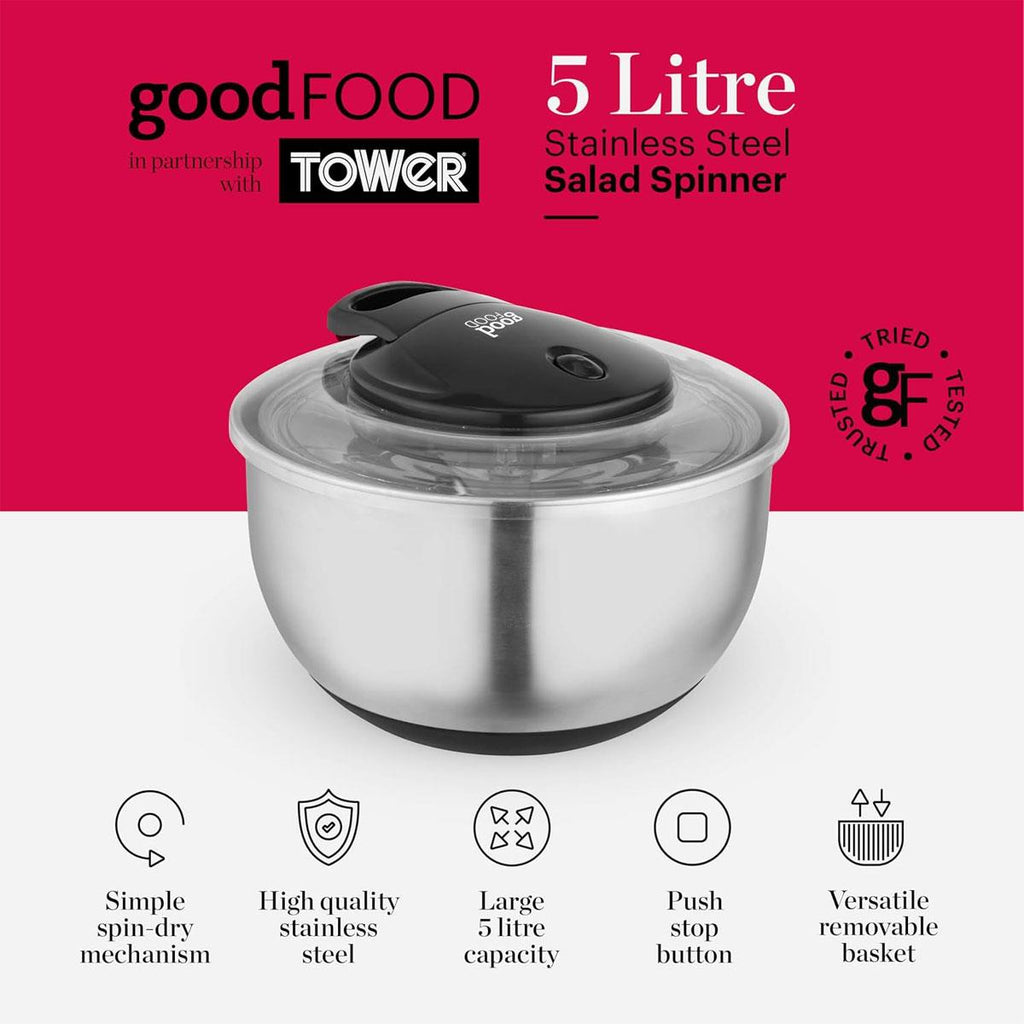 Tower Good Food Salad Spinner With Removable Basket Stainless Steel 5 Litre - Silver