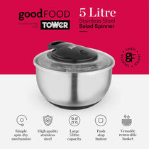 Tower Good Food Salad Spinner With Removable Basket Stainless Steel 5 Litre - Silver