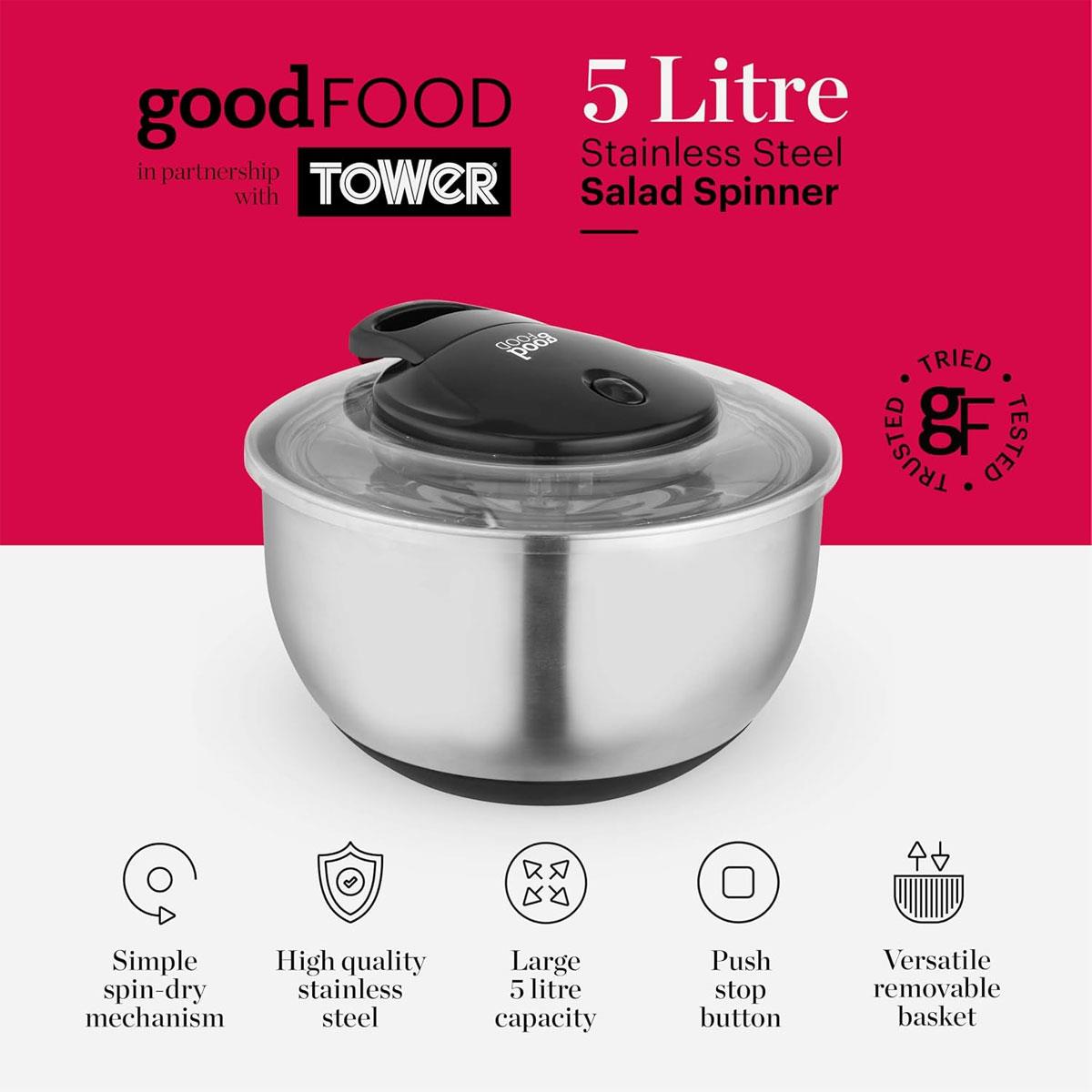 Tower Good Food Salad Spinner With Removable Basket Stainless Steel 5 Litre - Silver