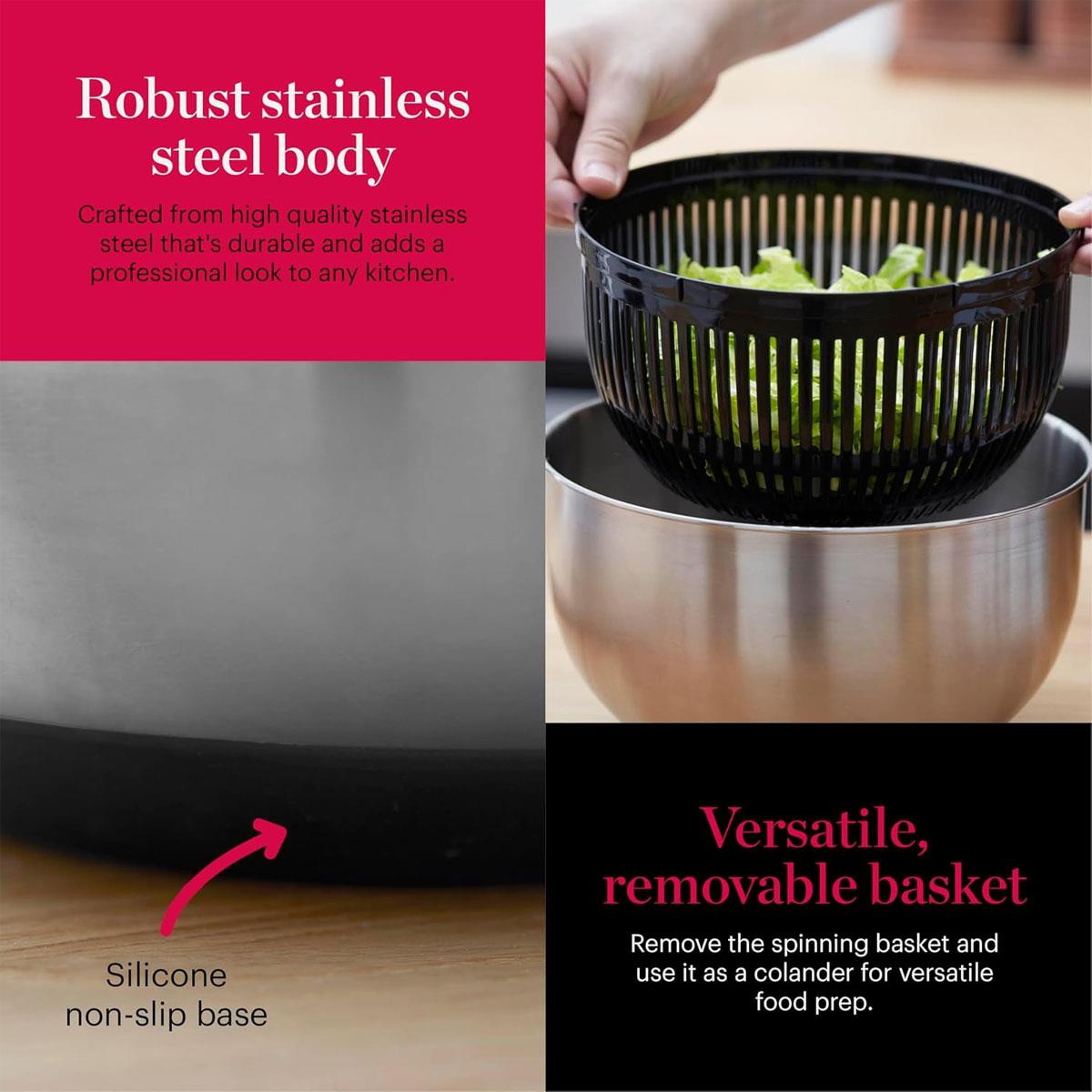 Tower Good Food Salad Spinner With Removable Basket Stainless Steel 5 Litre - Silver