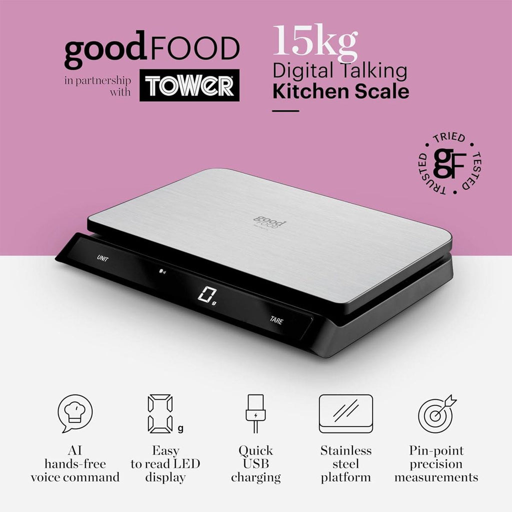 Tower Good Food Electronic Kitchen Scale Voice Control LED Display USB 15kg Capacity - Silver/Black