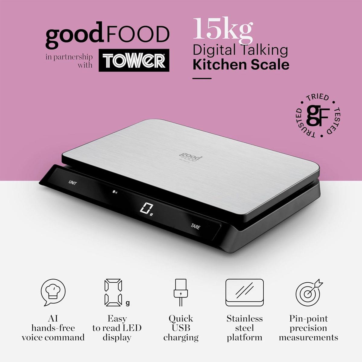 Tower Good Food Electronic Kitchen Scale Voice Control LED Display USB 15kg Capacity - Silver/Black