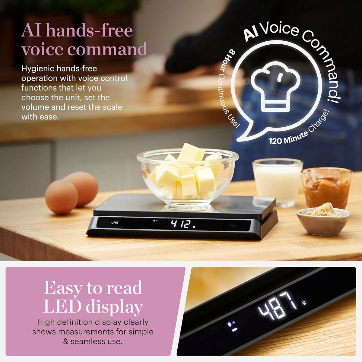 Tower Good Food Electronic Kitchen Scale Voice Control LED Display USB 15kg Capacity - Silver/Black