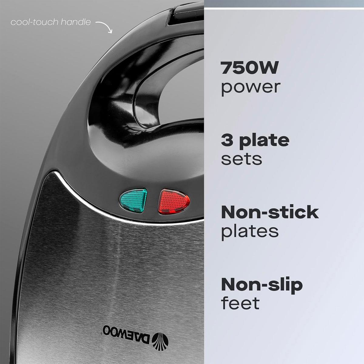 Daewoo 3-In-1 Sandwich Toastie Maker Panini & Crimp Wrap Crimper Maker 750W - Black