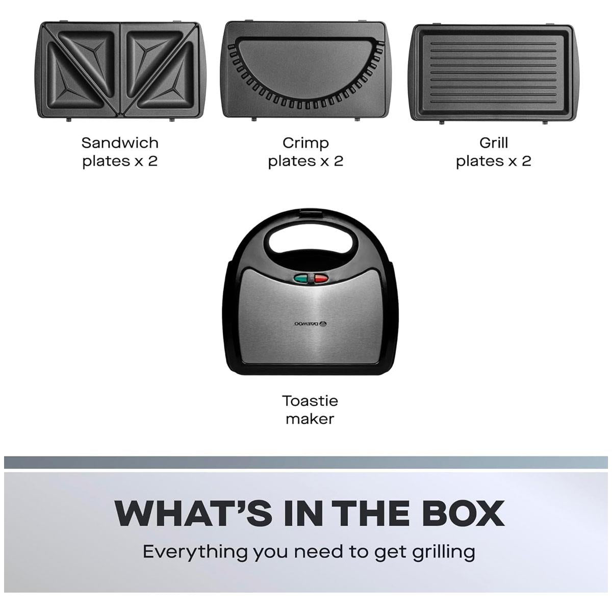 Daewoo 3-In-1 Sandwich Toastie Maker Panini & Crimp Wrap Crimper Maker 750W - Black