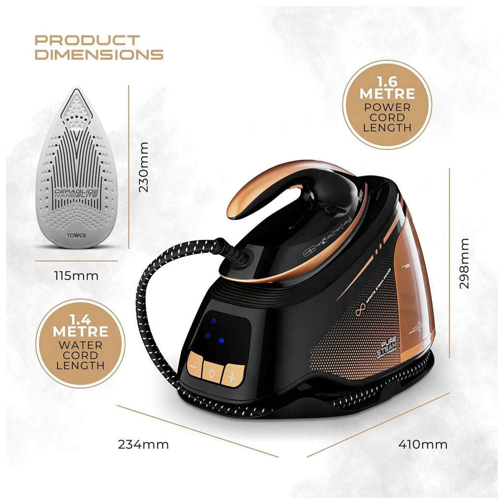 Tower PureSteam Infinity Xpress 8 Bar Steam Generator Iron 3000W with One Temp And AI Limescale System Black & Gold
