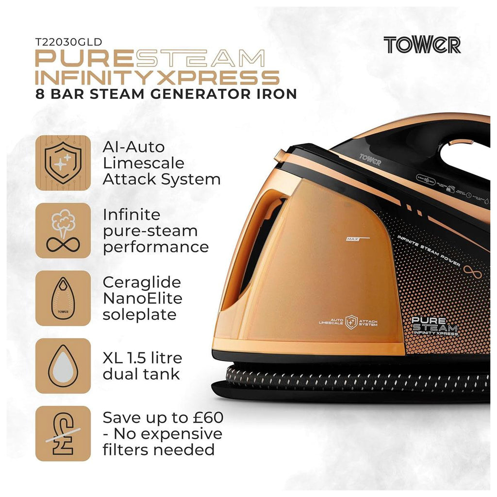 Tower PureSteam Infinity Xpress 8 Bar Steam Generator Iron 3000W with One Temp And AI Limescale System Black & Gold