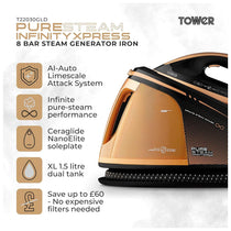 Tower PureSteam Infinity Xpress 8 Bar Steam Generator Iron 3000W with One Temp And AI Limescale System Black & Gold