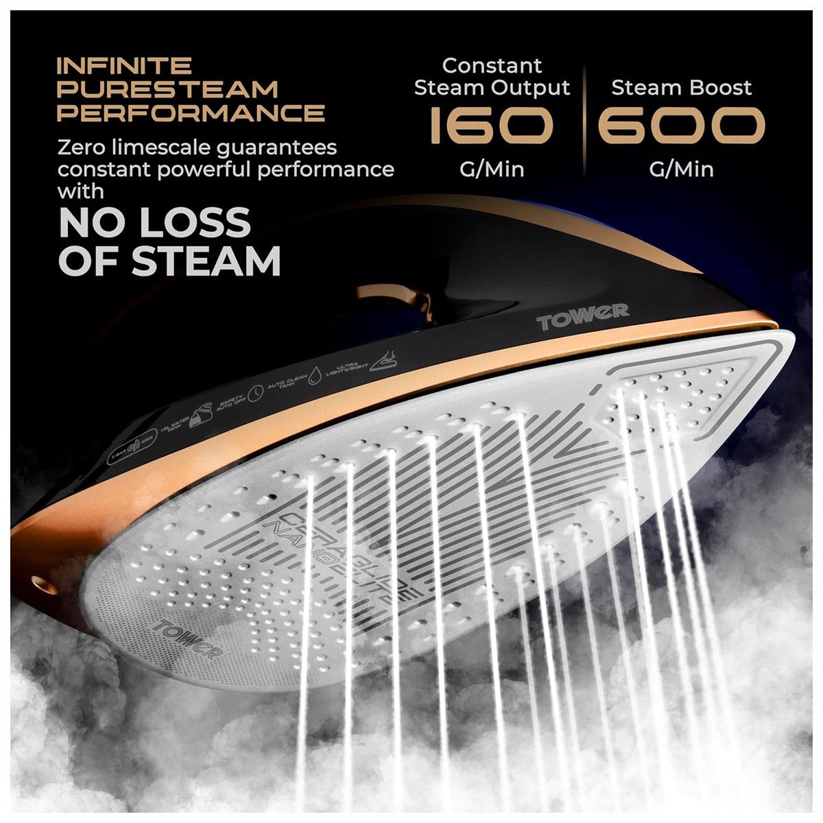 Tower PureSteam Infinity Xpress 8 Bar Steam Generator Iron 3000W with One Temp And AI Limescale System Black & Gold