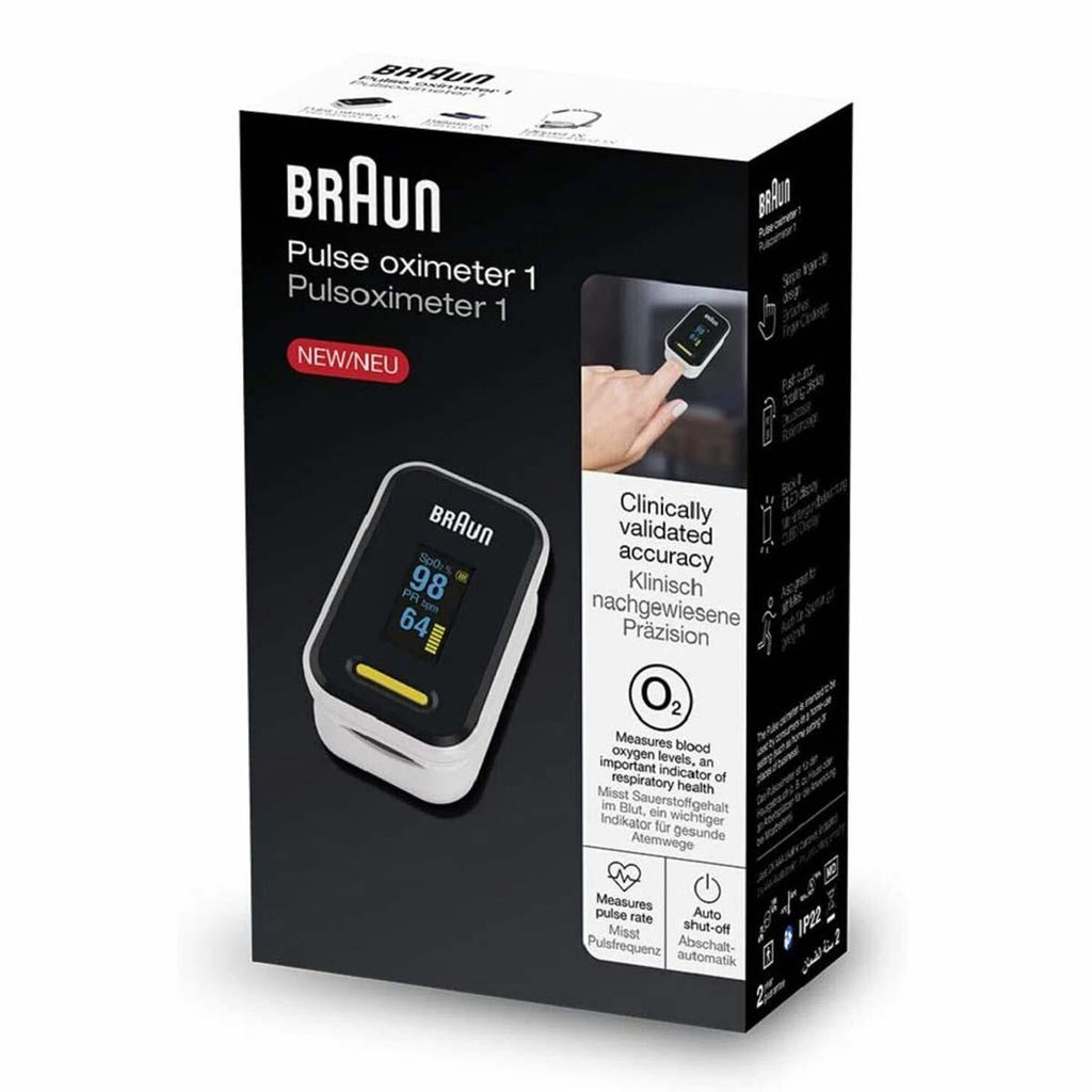Braun Pulse Oximeter 1 Oxygen Saturation Blood Oxygen Levels Clinically Accurate Certified Medical Device - Black And White