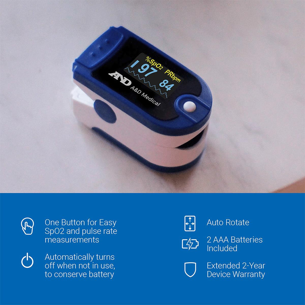 A&D Medical Finger Pulse Oximeter Blue SpO2 Oxygen Saturation And Pulse Rate Monitor For Adults And Children