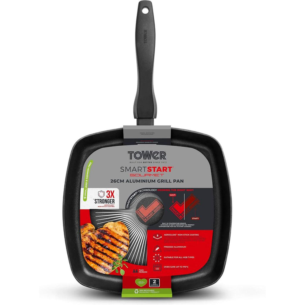 Tower Smart Start Gourmet 26cm Grill Pan Aeroglide Non-Stick Aluminium PFOA Free - Black