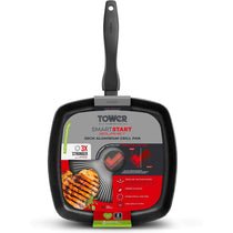Tower Smart Start Gourmet 26cm Grill Pan Aeroglide Non-Stick Aluminium PFOA Free - Black