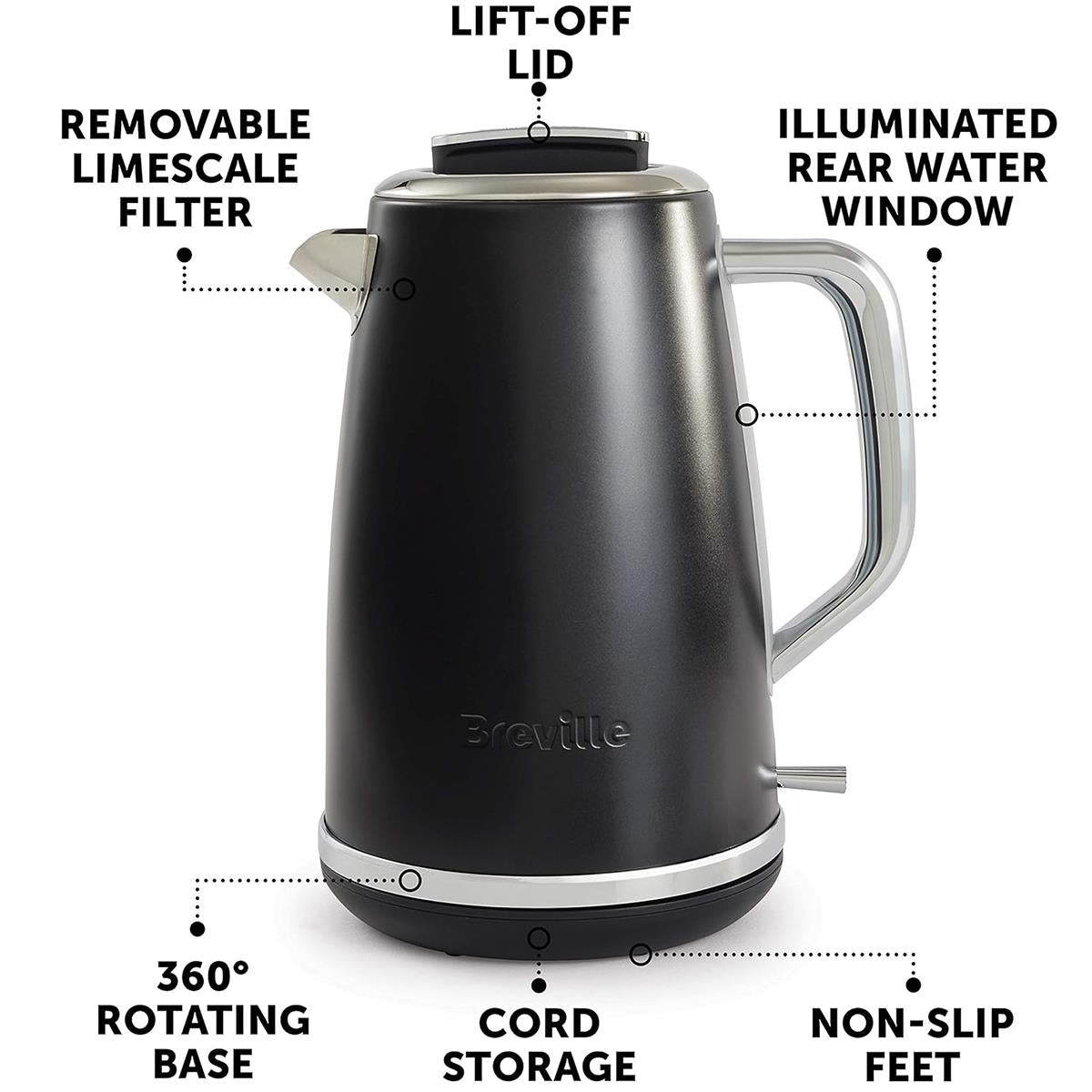 Breville Lustra Electric Kettle Stainless Steel 3000W 1.7 Litres - Matt Black