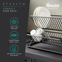 Swan Stealth 15 Plate Collapsible Dish Rack Removable Drip Tray - Black
