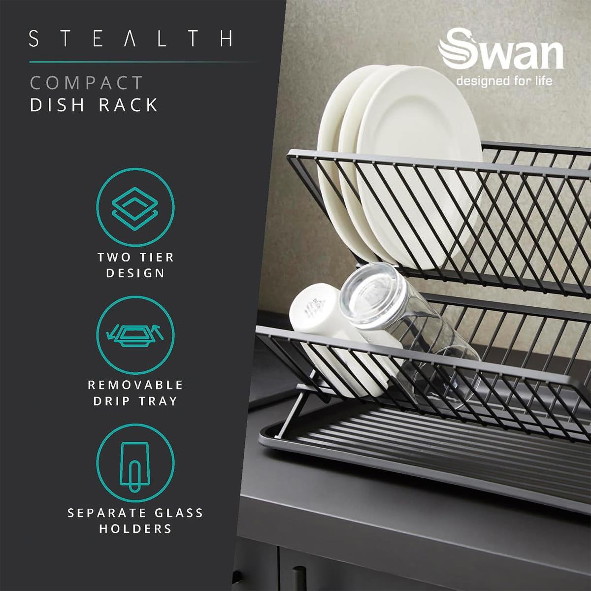 Swan Stealth 15 Plate Collapsible Dish Rack Removable Drip Tray - Black