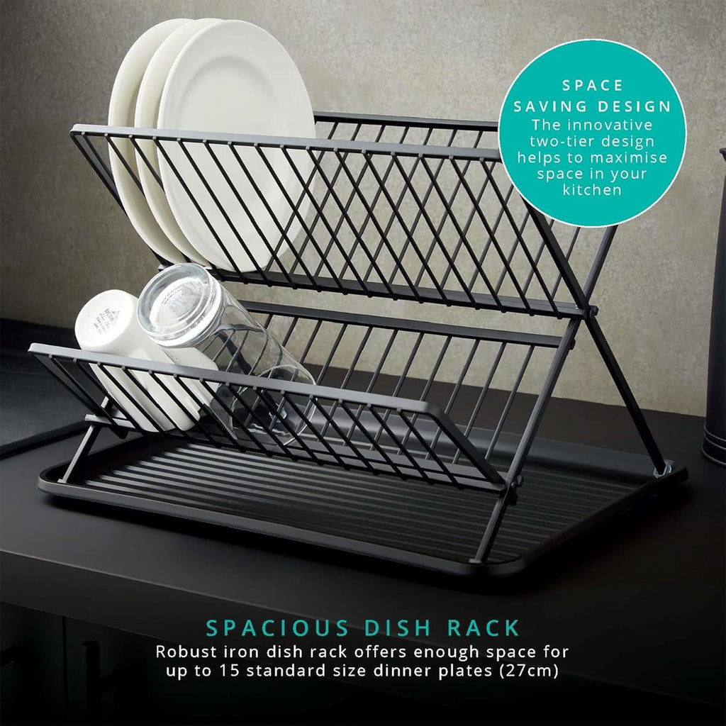Swan Stealth 15 Plate Collapsible Dish Rack Removable Drip Tray - Black