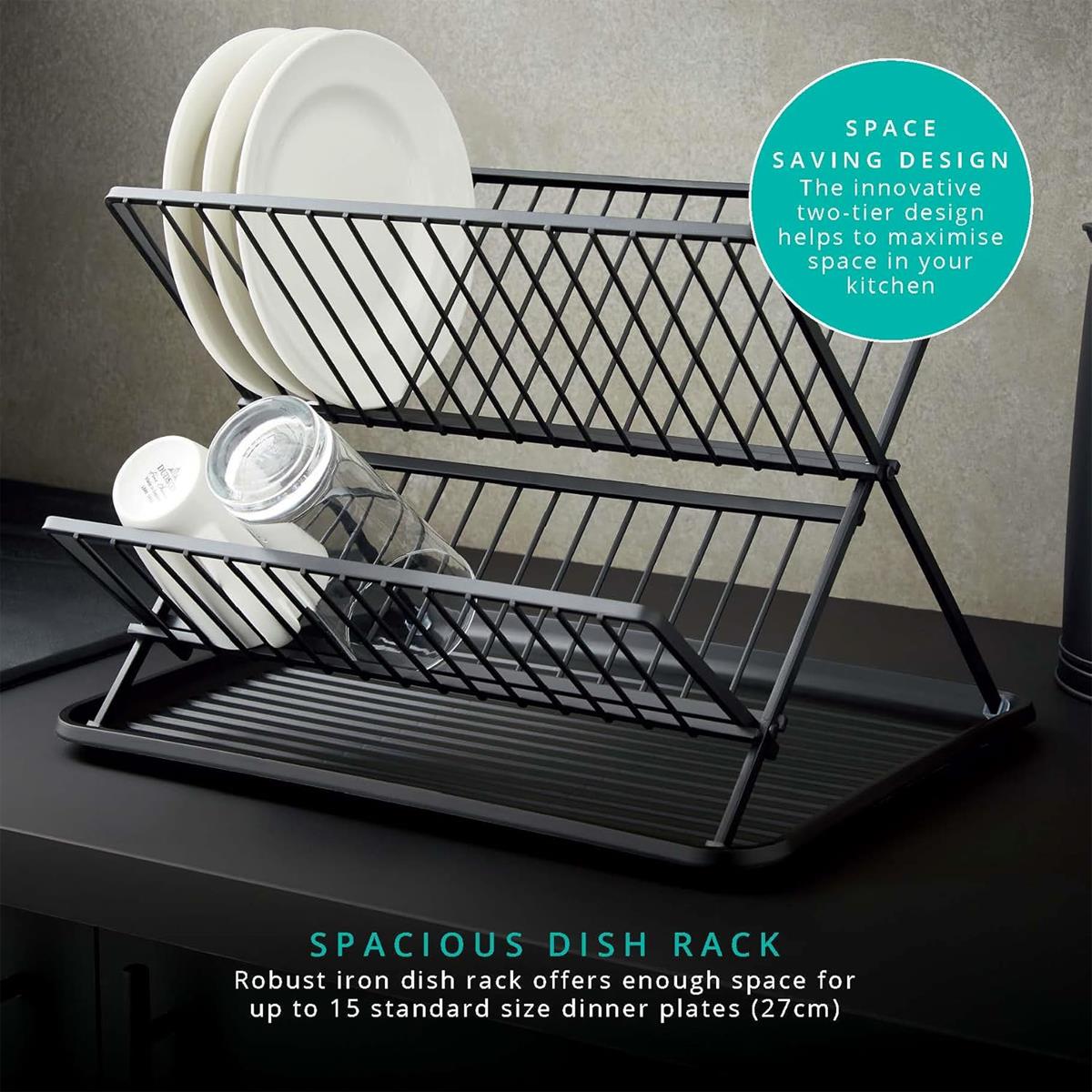 Swan Stealth 15 Plate Collapsible Dish Rack Removable Drip Tray - Black