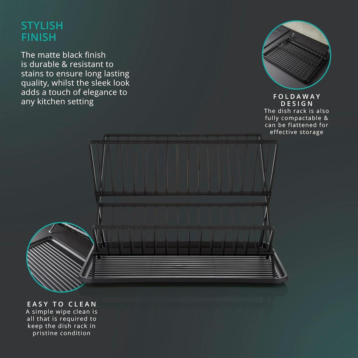 Swan Stealth 15 Plate Collapsible Dish Rack Removable Drip Tray - Black