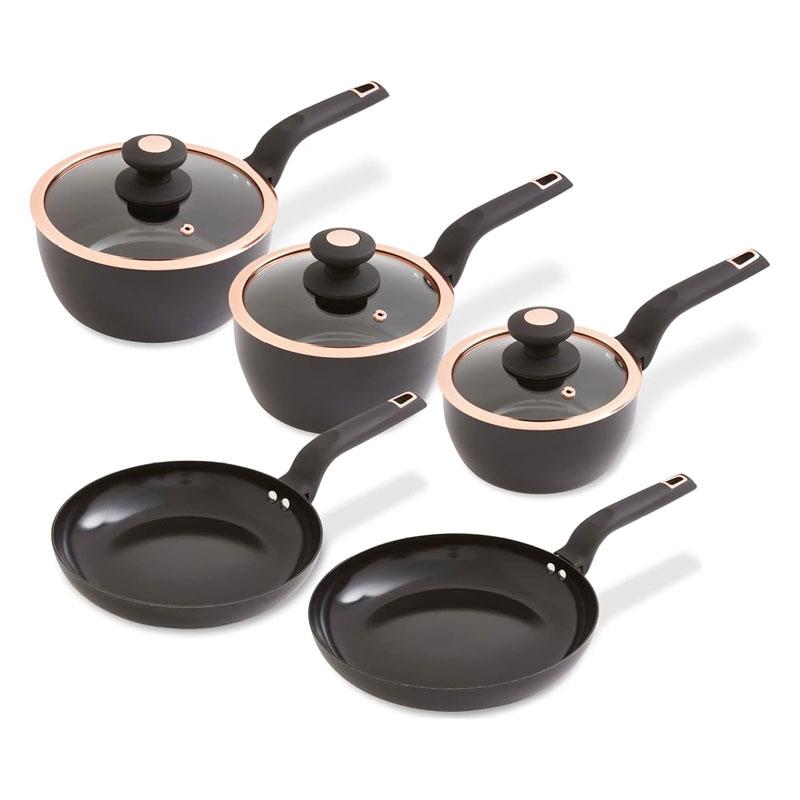 Tower Cavaletto 5 Piece Cookware Set 16cm 18cm 20cm Saucepans 24cm 28cm Frying Pans - Black & Rose Gold