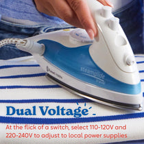 Russell Hobbs Steam Glide Travel Iron Dual Voltage 830W Stainless Steel Soleplate 80ml Tank White And Blue