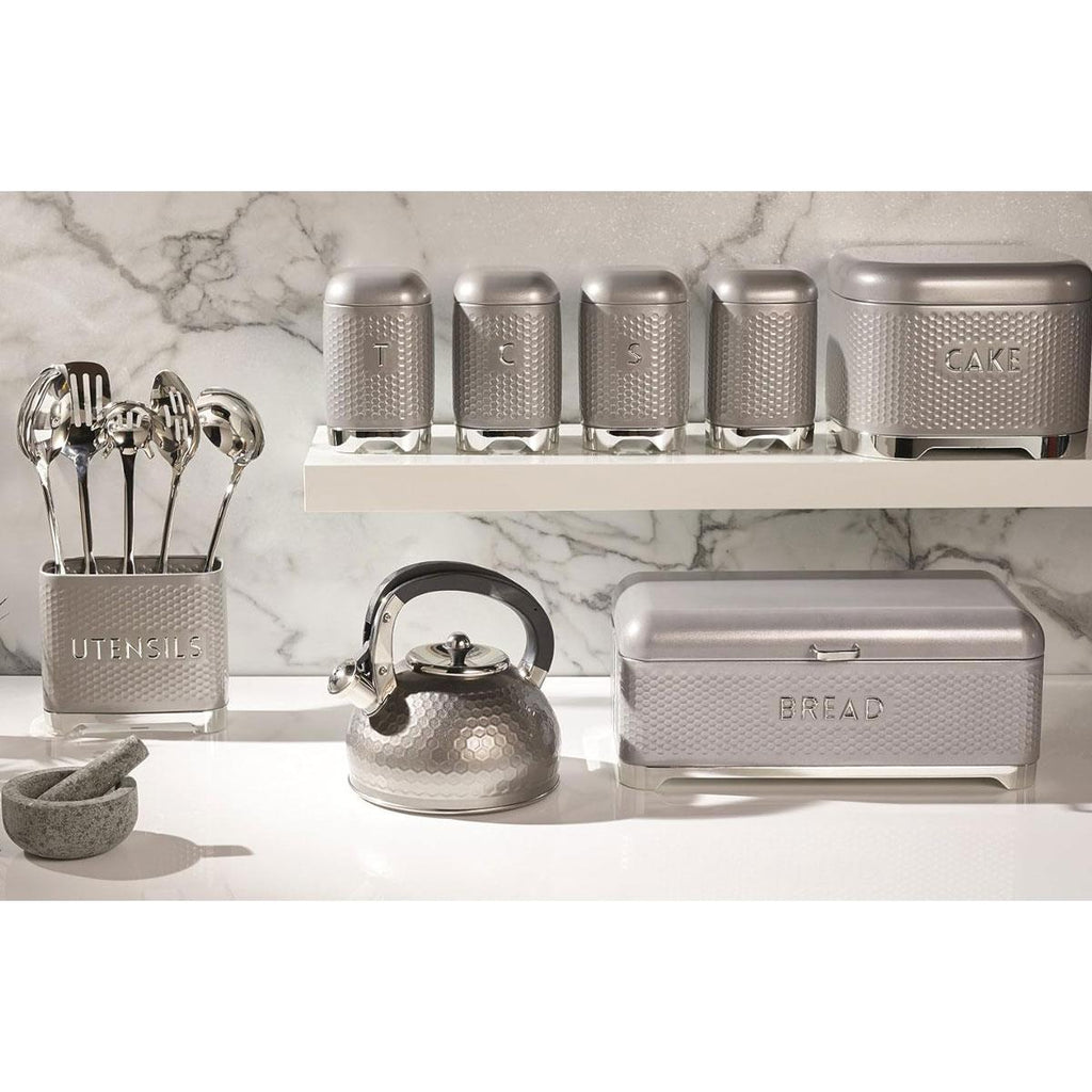 KitchenCraft Lovello Textured Retro Tea Canister With Geometric Embossed Finish 11 x 11 x 19 cm (4.5" x 4.5" x 7.5") - Shadow Grey