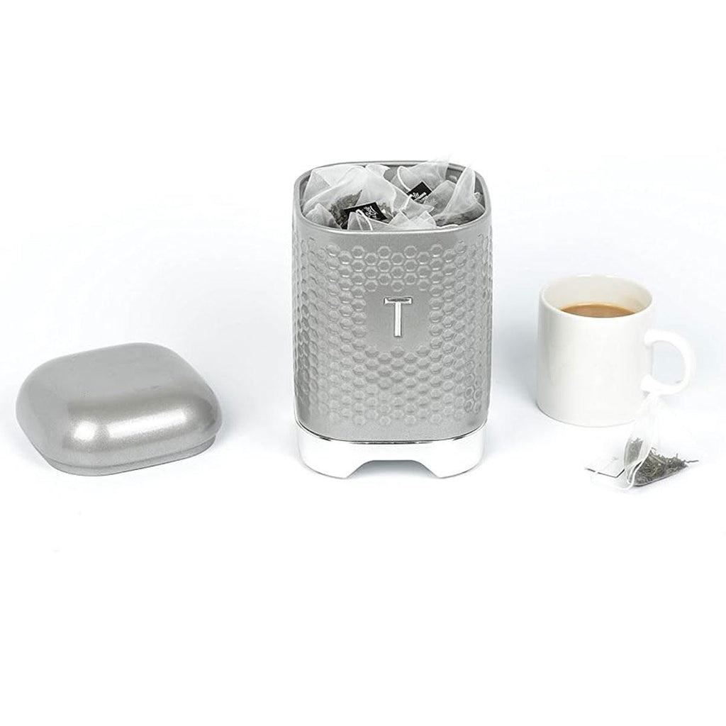 KitchenCraft Lovello Textured Retro Tea Canister With Geometric Embossed Finish 11 x 11 x 19 cm (4.5" x 4.5" x 7.5") - Shadow Grey