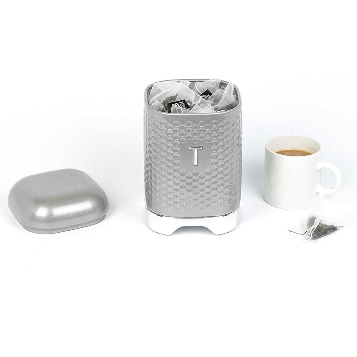KitchenCraft Lovello Textured Retro Tea Canister With Geometric Embossed Finish 11 x 11 x 19 cm (4.5" x 4.5" x 7.5") - Shadow Grey