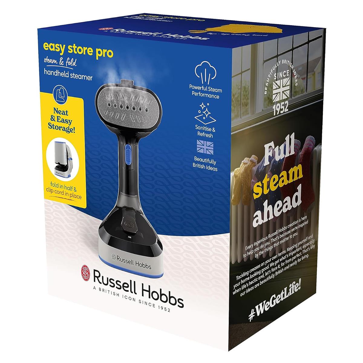 Russell Hobbs Steam Genie Easy Store Handheld Clothes Steamer 1500W Foldable 150ml White & Black