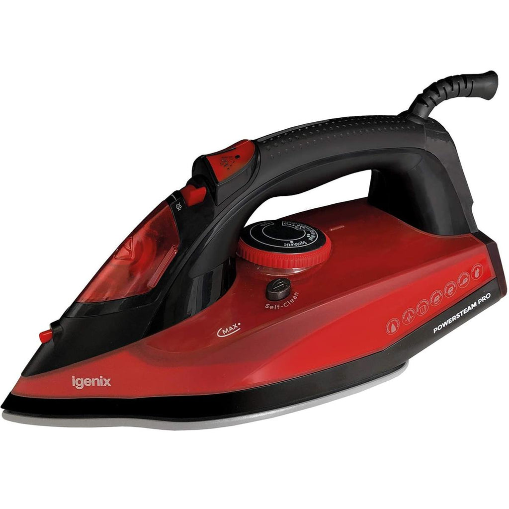 Igenix PowerSteam Pro Steam Iron 2600W Ceramic Soleplate 380ml Water Tank Vertical Steam Red/Black