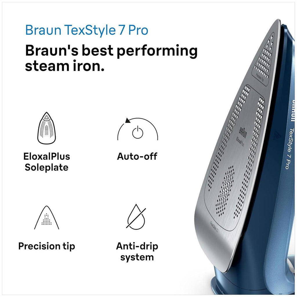 Braun TexStyle 7 Pro Steam Iron with FreeGlide 3D EloxalPlus Soleplate 3100W 225g Steam Shot 300ml Blue