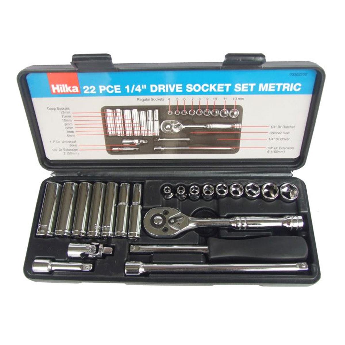 Hilka Tools 1/4 Inch Drive Socket Set Metric Carbon Steel Chrome Finish 22 Piece