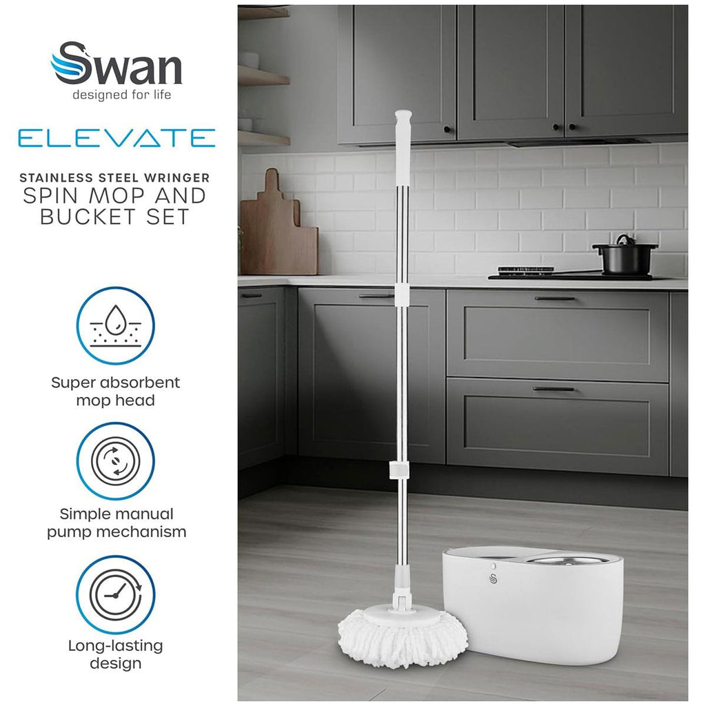 Swan Elevate Spin Mop And 5 Litre Bucket Set Stainless Steel Wringer White